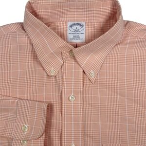 Brooks Brothers 346 Slim Fit Non Iron Button Down Shirt Mens Large‎ Peach Plaid